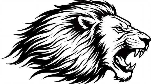 Black and white graphic illustration of a roaring lion head with a flowing mane with illustration profile stylized black silhouette aggressive monochrome predator strength creature majestic with power