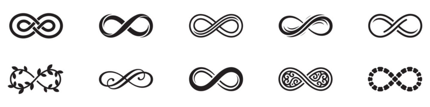 Infinity shape icon. Infinity symbols. Set of infinity icons. Symbols of endless, unlimited, eternal. Vector illustration. EPS 10