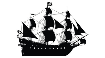 Detailed sailing ship with multiple masts is depicted as a black silhouette © MDAbujafor