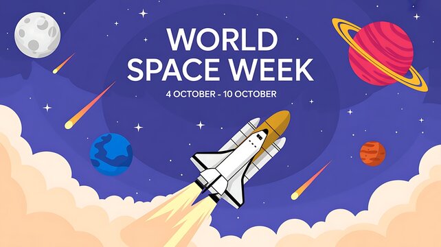 World space week illustration with rocket and planets