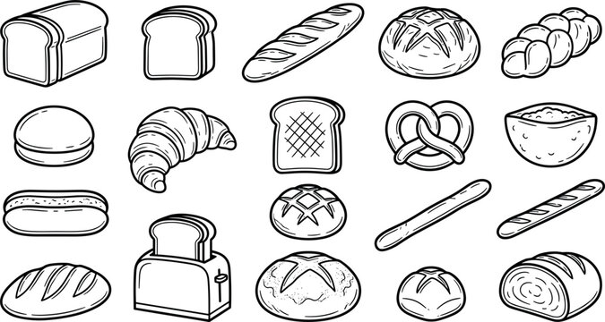 Bakery bread line art icons vector set with croissant baguette sliced toast pretzel buns toaster for restaurant cafe menu design