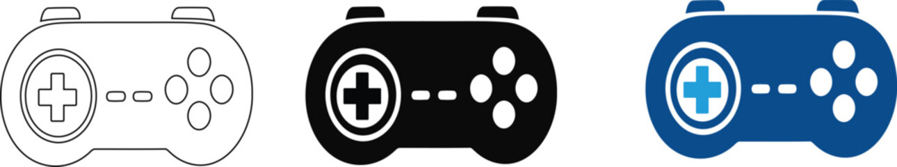 Video game controller icon set, minimalist gaming gamepad vector illustrations, black and blue console joypad symbols for  UI design on transparent background © Huma GFX