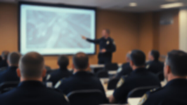 Police instructor conducting a tactical lesson in a classroom, out-of-focus shot