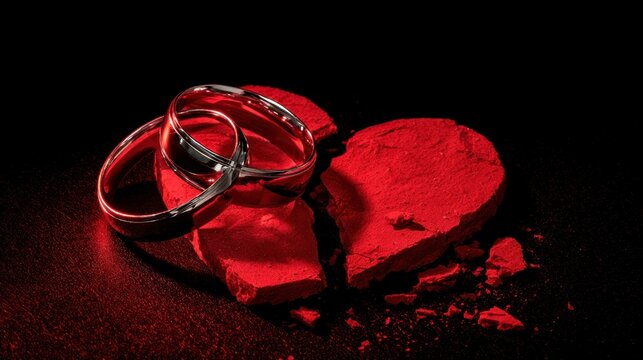 Two silver wedding rings resting on a broken red heart shape symbolizing love, heartbreak, and relationship challenges on black background