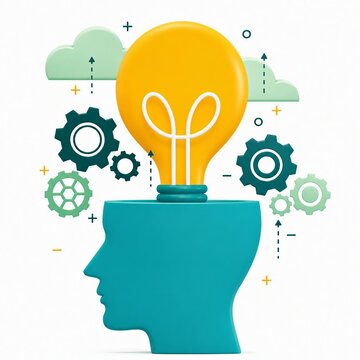 Creative illustration of a thinking head with a lightbulb and gears showing innovation ideas