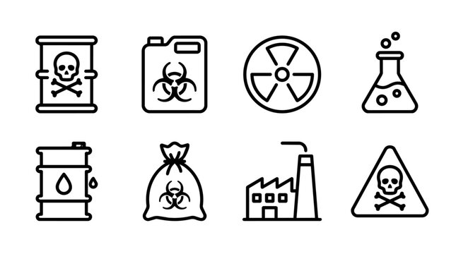 Hazardous waste line icons featuring toxic barrels, biohazard symbols, radiation, chemical containers and environmental pollution