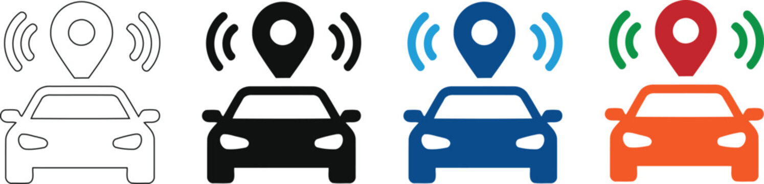 Smart car tracking icons with GPS pin and signal waves, connected vehicle navigation symbols, 4 vector asset set for automotive telematics on transparent background