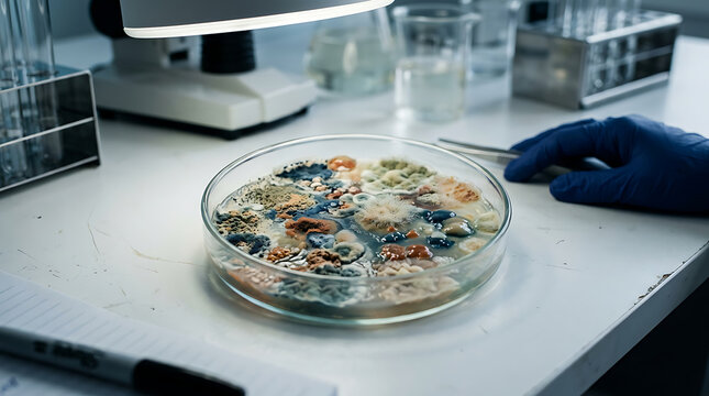 Petri dish filled with diverse microbial cultures on a laboratory workbench