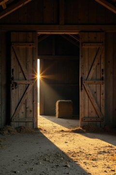 Golden sunrise illuminates rustic barn interior with open wooden doors revealing hay bale