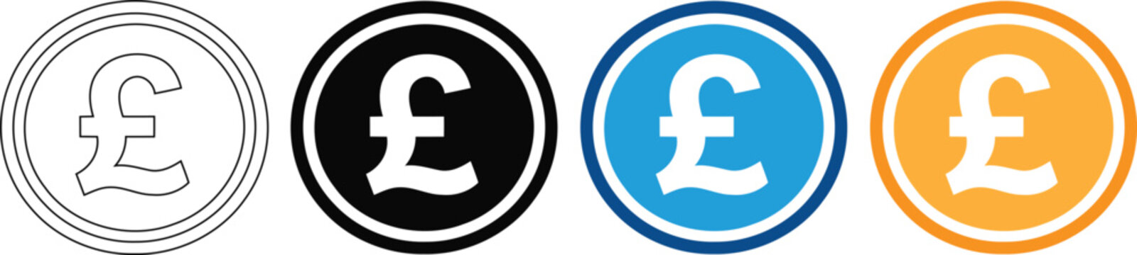 British pound sterling currency icons, set of 4 pound coin vector symbols, flat financial money signs in blue orange black and outline styleson transparent background