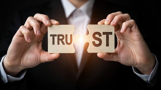 Professional trust puzzle concept, businessman holding wooden jigsaw pieces. Corporate reliability strategy