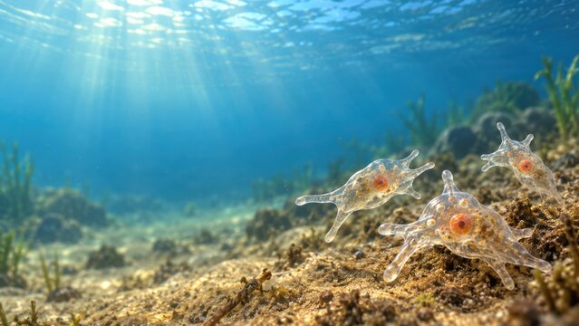 Microscopic amoeba organism on underwater seabed with sunlit ocean background