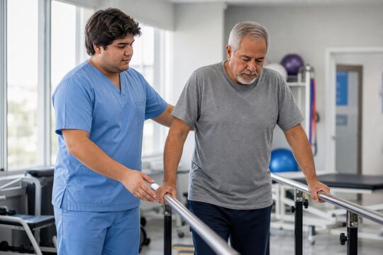 Physical therapist assisting senior man walking with parallel bars during rehabilitation therapy
