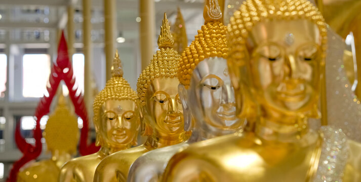 Multiple golden and silver Buddha statues sit in a neat row. These serene figures embody peace and spiritual devotion.