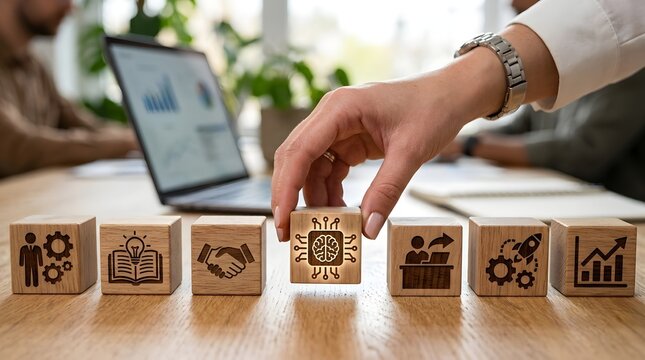 Hand positioning a brain themed wooden block alongside symbols for teamwork  learning  growth  and innovation in an office setting with a laptop visible