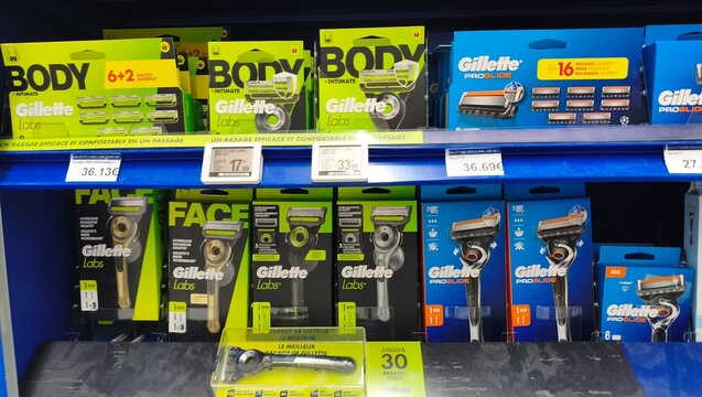 Royan, France - July 25, 2026: E.Leclerc ROYAN CEDEX. Gillette razor products displayed on a retail shelf, featuring various packaging designs for body and face shaving items
