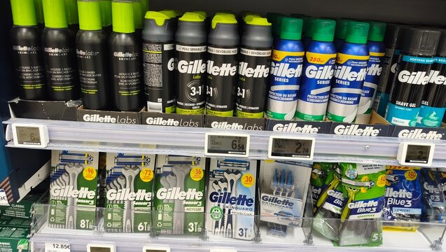 Royan, France - July 25, 2026: E.Leclerc ROYAN CEDEX. Gillette shaving products displayed on a retail shelf including shaving cream, razors, and grooming accessories in a store environment