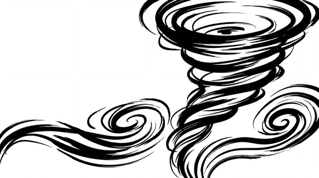 Abstract black and white illustration of a swirling tornado with dynamic wind motion lines with graphic illustration depicts stylized black monochrome minimalist background whirlwind contrast with ink