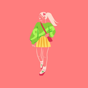 Colorful Gen Z Fashion Girl with Crossbody Bag, Trendy Young Woman in Oversized Sweater and Mini Skirt Vector Illustration