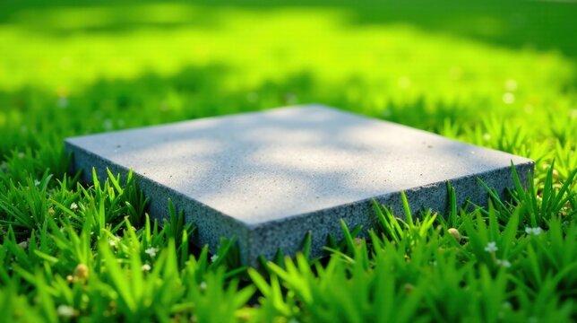 A square concrete slab rests gently on a vibrant green lawn, sunlight dappling its surface