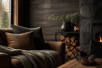 Obraz premium A cozy living room scene featuring a brown leather sofa with pillows and a throw blanket, next to a fireplace and wooden logs.
