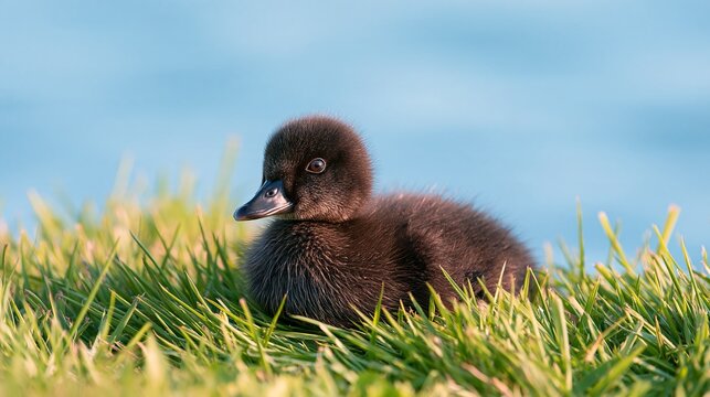 Cute black duckling Aythya fuligula bird resting on green grass in sun