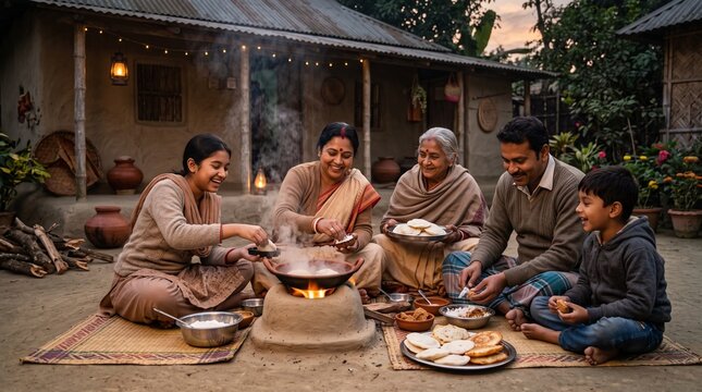 Family preparing pitha outdoors a traditional scene with a clay oven