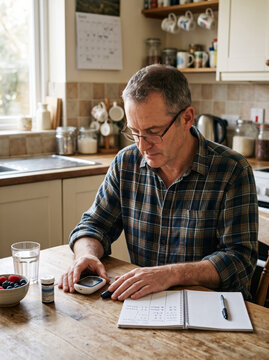 Middle-aged man checking blood glucose at a kitchen table, representing everyday diabetes management and proactive home healthcare.
