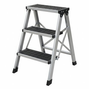 Gray metal step ladder with three steps isolated on white background