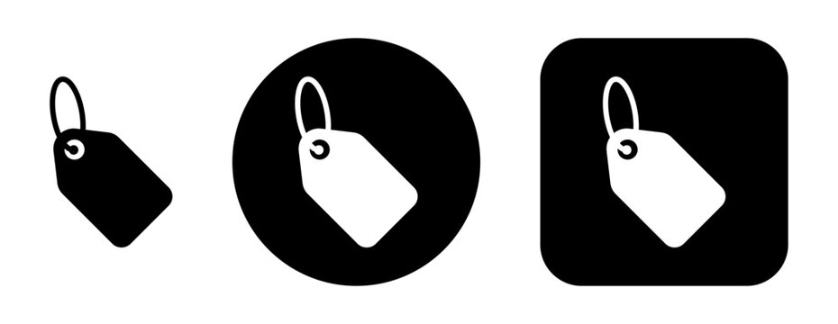 Price tag and label icon set featuring retail symbols in standalone, circular and rounded square styles for products, shopping, sales, discounts, ecommerce and digital interfaces.