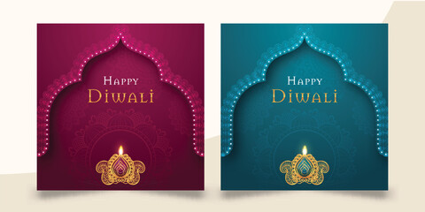 Set of two Happy Diwali vector social media post templates in magenta and teal with illuminated arch frames, golden oil diya lamps, and mandala art. Ideal for Indian festival greetings. © GraphixTreasure