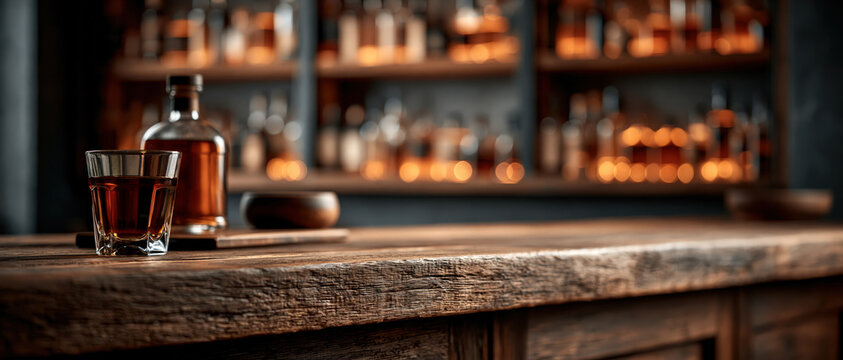 Moody, cinematic bar scene evoking sophistication and slow evenings. A tumbler of amber whiskey beside a bottle on weathered wood, golden bokeh bottles glowing behind.