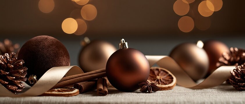 Warm, sophisticated holiday mood built from matte brown baubles, cinnamon sticks, star anise, dried orange, pine cones, and satin ribbon on linen. Perfect for festive branding and seasonal.