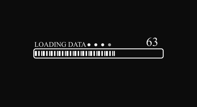 The white data loading bar indicates animation, percentage loading on a black background, loading text, pixel art, loading 0 to 100 percent. 4K Footage