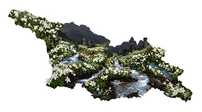 Map silhouette of Georgia filled with white lilies, a flowing mountain river and ancient stone towers