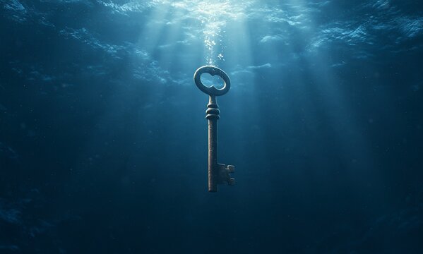 A vintage metal key sinks deep underwater in a mysterious ocean abyss