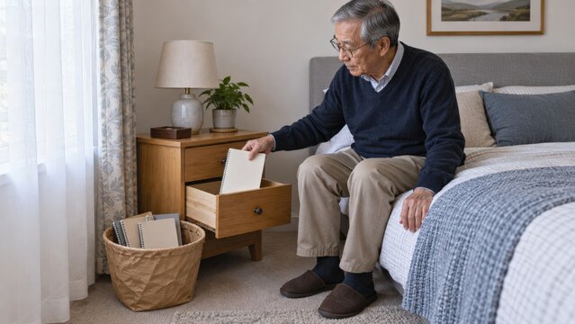 An East Asian British man keeps a blank notebook in a reachable bedside drawer while setting others aside for recycling during independent bedroom decluttering