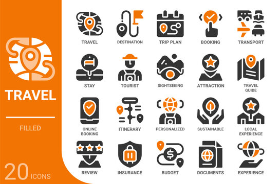 travel and tourism filled glyph icon collection for web, app, UI, UX, dashboard, presentation and infographic and print design