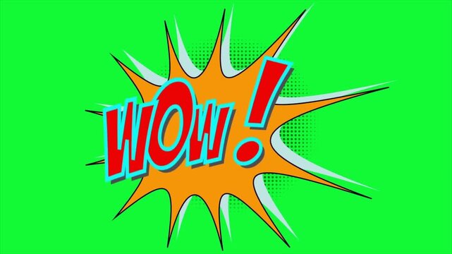 Comic book wow speech bubble animation, pop art explosion text, green screen chroma key, surprise sound effect graphic, colorful burst background, overlay element