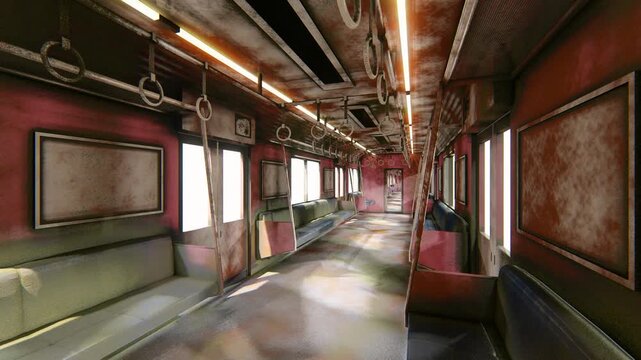 廃墟化した恐怖の電車内、錆びた車両の3DCGホラーアニメーション