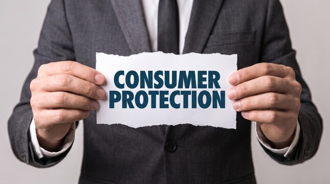 Businessman holding torn white paper sheet displaying consumer protection text concept of legal rights and fair trade