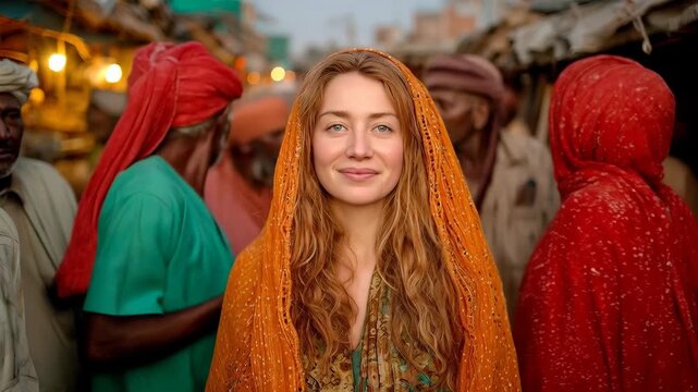 Cinematic video preview of a caucasian female tourist in orange headscarf walking through an authentic crowded local street market inspired by India. Travel documentary and cultural diversity concept.