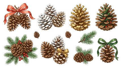 Fototapeta premium Collection of pinecones and holly leaves with festive ribbons