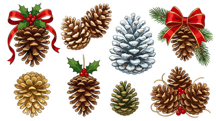 Fototapeta premium Collection of pinecones decorated with holiday accessories for festive winter season