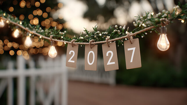 Warm string lights dangle with "2027" paper tags. Greenery adorns the string. Blurred lights glow in the background. White fence frames the scene softly. Perfect for New Year celebrations