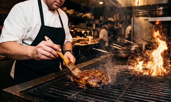 A professional chef basting a juicy ribeye steak on a hot commercial grill with bright flames, perfect for restaurant and culinary advertising