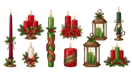 Obraz premium Collection of festive christmas candles and decorations with holly and lanterns