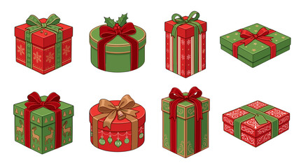 Obraz premium Collection of christmas gift boxes with festive wrapping and ribbons