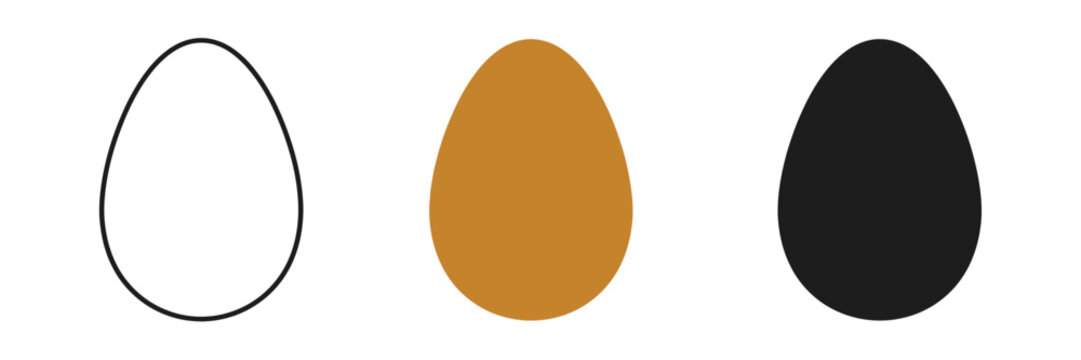 Egg silhouette collection. Minimal egg shapes featuring black outline, golden gradient fill, and solid black designs for easter artwork, food graphics, labels, icons, and templates.