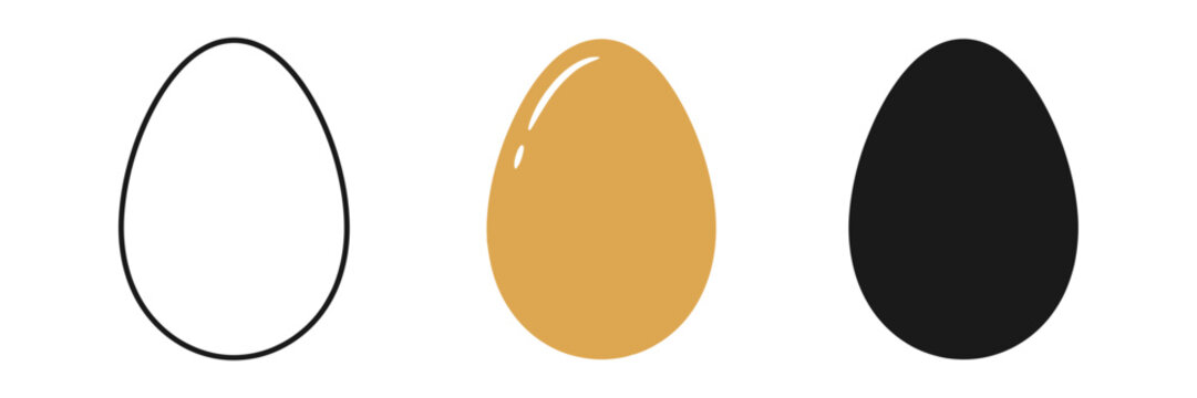 Egg shape illustration. Three decorative egg symbols with outline, golden, and black variations for easter celebration, holiday design, food concepts, packaging, and vector artwork.